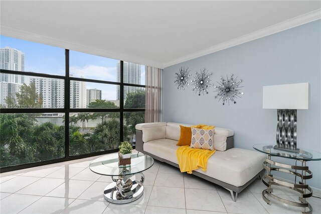 living area featuring a wall of windows, crown molding, a city view, and tile patterned floors