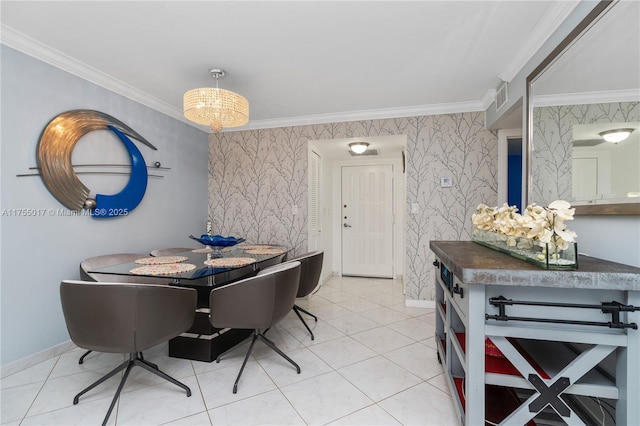 dining space with visible vents, ornamental molding, and wallpapered walls