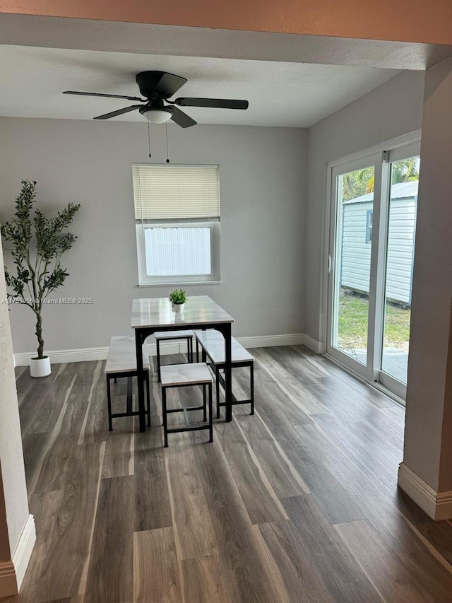 unfurnished dining area featuring baseboards and dark wood-style floors