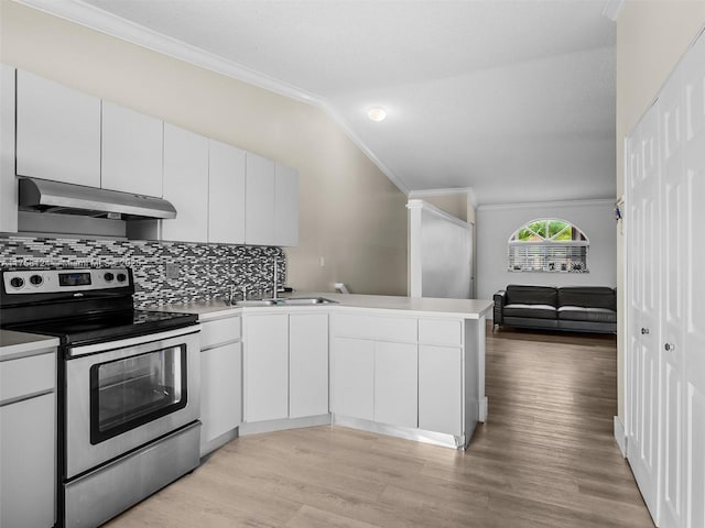 kitchen with under cabinet range hood, a peninsula, a sink, ornamental molding, and stainless steel electric stove