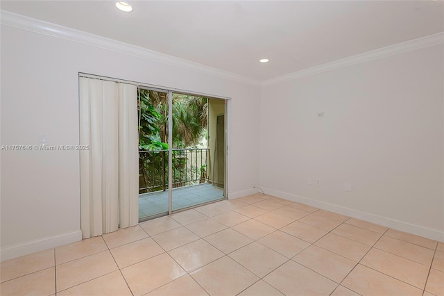 unfurnished room with ornamental molding, recessed lighting, and baseboards