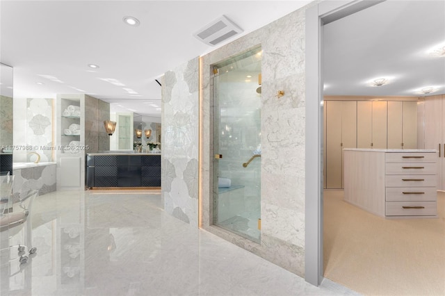 bathroom featuring marble finish floor, recessed lighting, visible vents, a stall shower, and a bath