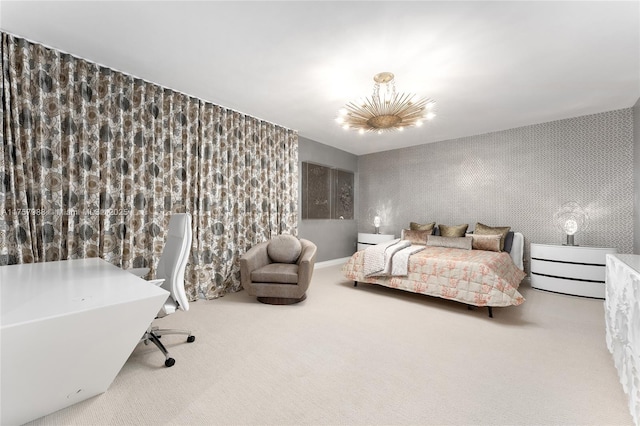 bedroom featuring carpet floors and wallpapered walls