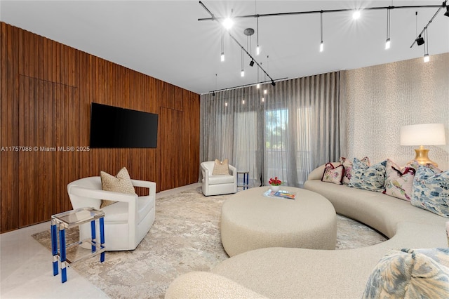 living area with wood walls