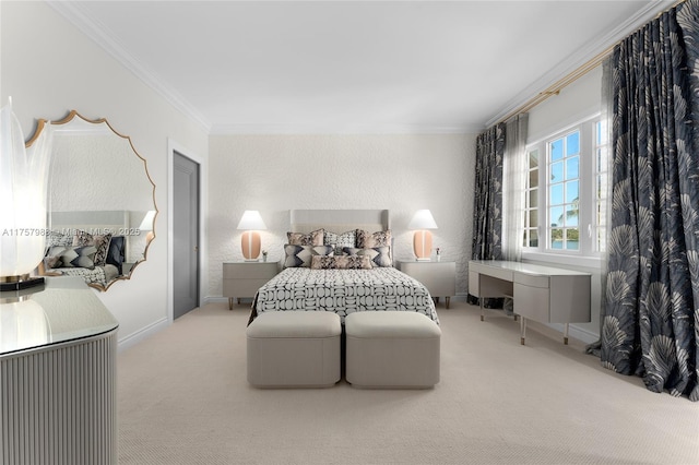 carpeted bedroom featuring ornamental molding, a textured wall, and baseboards