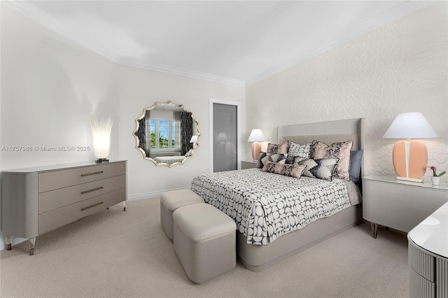 bedroom featuring carpet, ornamental molding, and baseboards