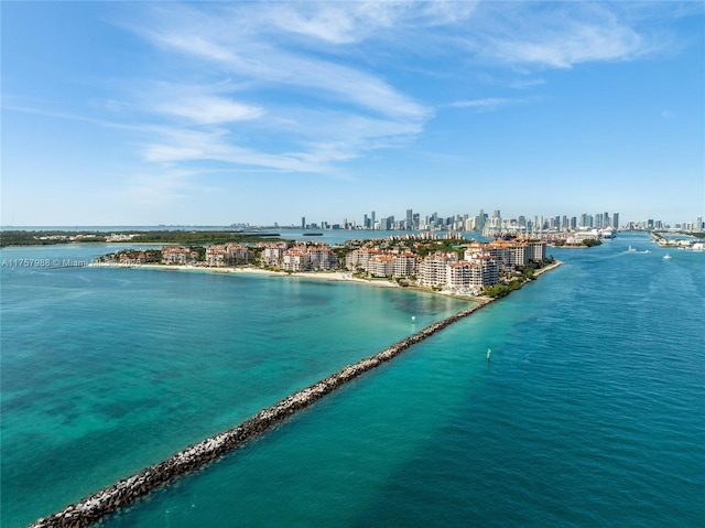 aerial view featuring a view of city and a water view