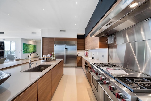 kitchen featuring premium appliances, range hood, a sink, and modern cabinets