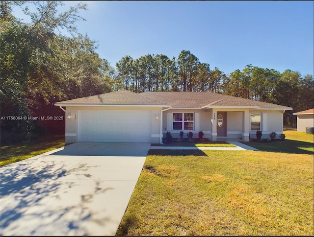 ranch-style house featuring a garage, driveway, a front lawn, and stucco siding