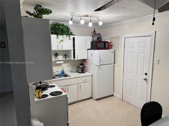 kitchen featuring a textured ceiling, white appliances, white cabinets, light countertops, and open shelves