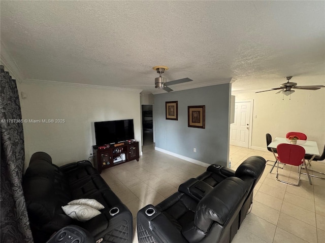 living room with crown molding, a ceiling fan, and tile patterned floors