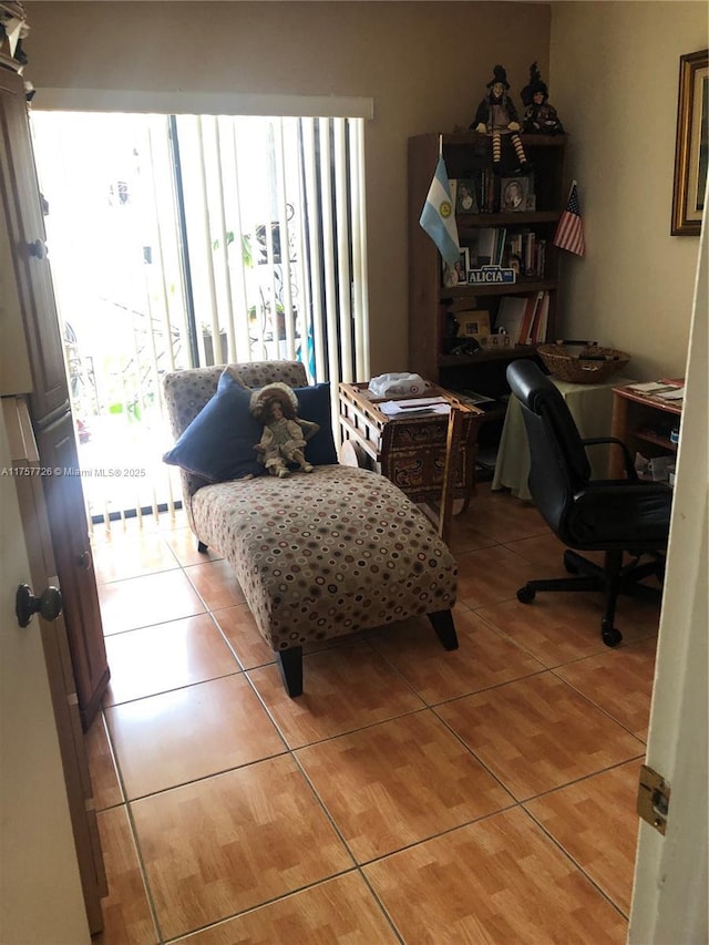 home office with light tile patterned floors