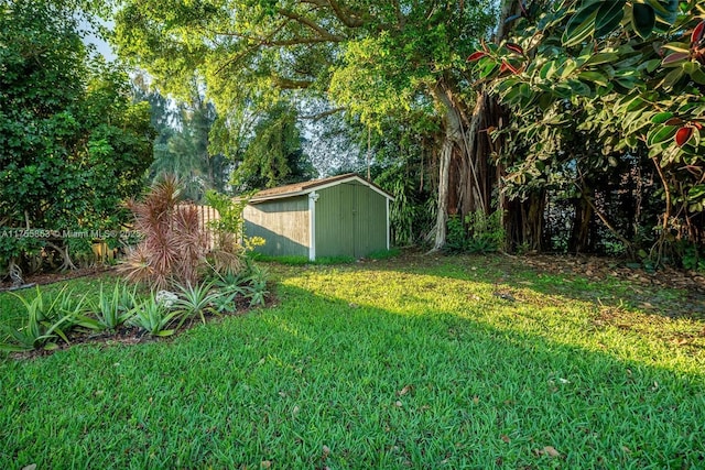 view of yard featuring a storage unit and an outbuilding