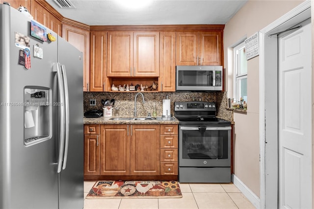 6830 SW 5th Ter, Miami, FL 33144 - kitchen featuring decorative backsplash, brown cabinets, stainless steel appliances, and a sink