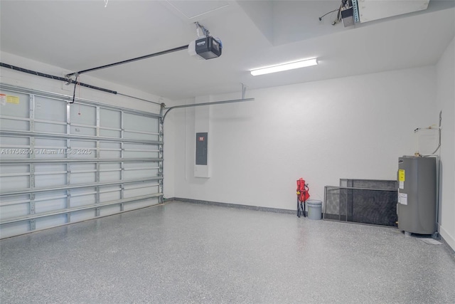 garage with water heater, baseboards, electric panel, and a garage door opener