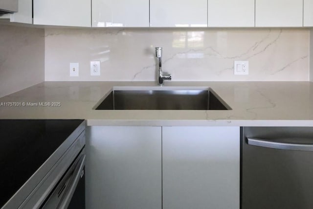 345 Preston I Unit 345, Boca Raton, FL 33434 - kitchen with electric stove, a sink, backsplash, white cabinetry, and modern cabinets