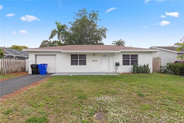 single story home with driveway, an attached garage, fence, and stucco siding