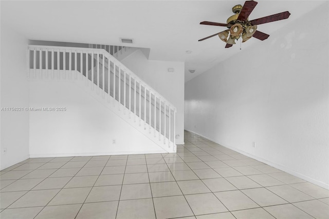 empty room with a ceiling fan, visible vents, and stairway