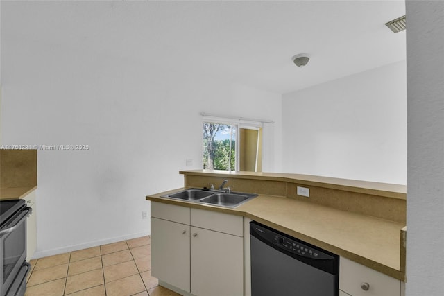 kitchen with electric stove, light tile patterned floors, white cabinetry, a sink, and dishwasher