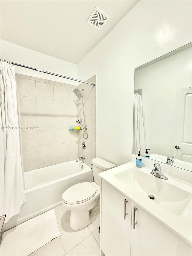 bathroom with shower / tub combo, visible vents, toilet, tile patterned floors, and vanity