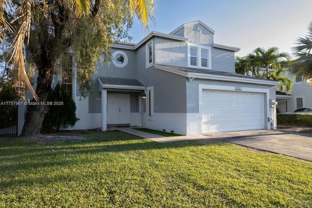 traditional-style home featuring a garage, a shingled roof, concrete driveway, stucco siding, and a front lawn