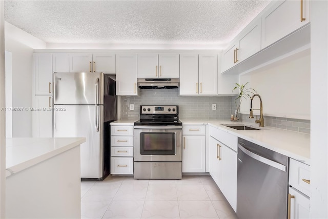 kitchen featuring a sink, stainless steel appliances, light countertops, under cabinet range hood, and backsplash