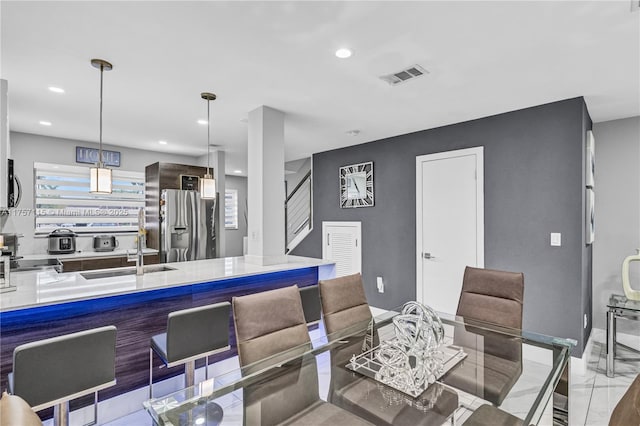 dining area featuring stairs, marble finish floor, visible vents, and recessed lighting