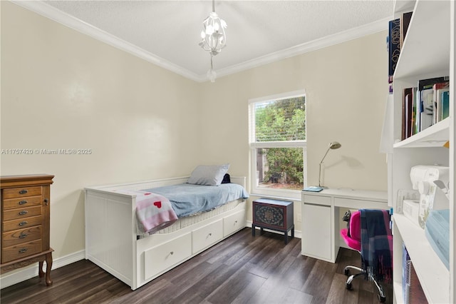 bedroom with dark wood-style floors, baseboards, ornamental molding, and a textured ceiling