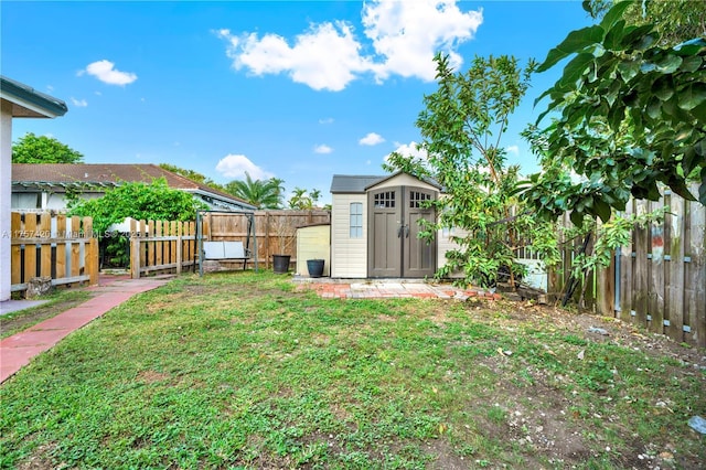 view of yard with a fenced backyard, a storage unit, and an outdoor structure