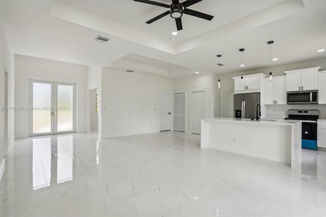 kitchen with appliances with stainless steel finishes, a tray ceiling, open floor plan, and marble finish floor