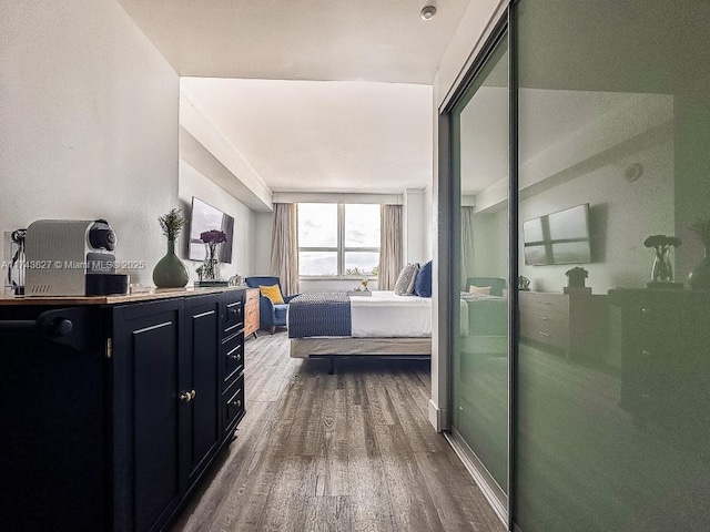 bedroom with dark wood finished floors and a closet