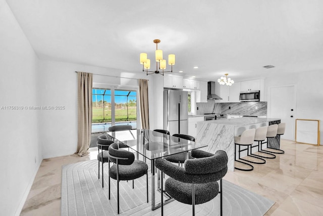 dining area with visible vents, baseboards, an inviting chandelier, marble finish floor, and recessed lighting