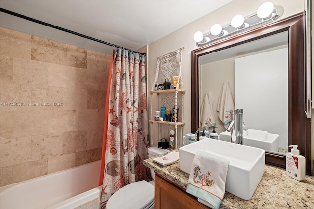 full bath with toilet, shower / bath combo with shower curtain, and vanity