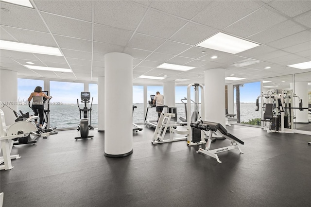 workout area featuring a wealth of natural light, a drop ceiling, and expansive windows