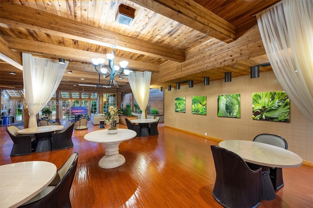 interior space featuring a chandelier, beamed ceiling, wooden ceiling, and wood finished floors