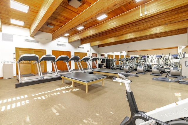 exercise room featuring wooden ceiling and visible vents