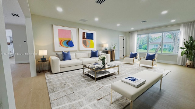 living room with baseboards, visible vents, wood finished floors, and recessed lighting