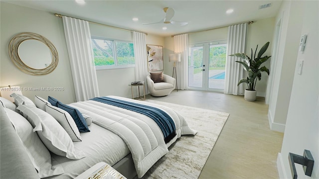 bedroom with access to exterior, recessed lighting, french doors, and visible vents