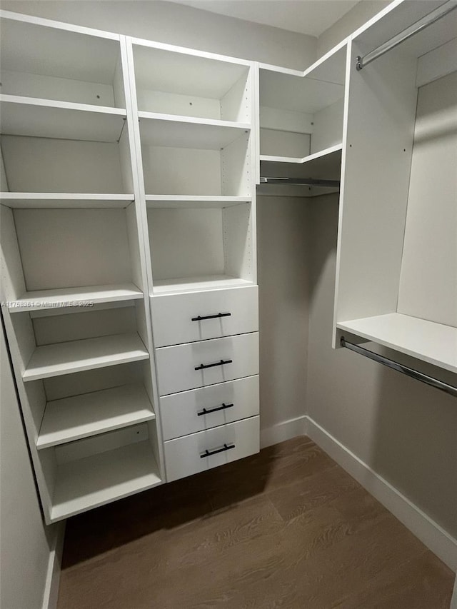 spacious closet with dark wood-style flooring