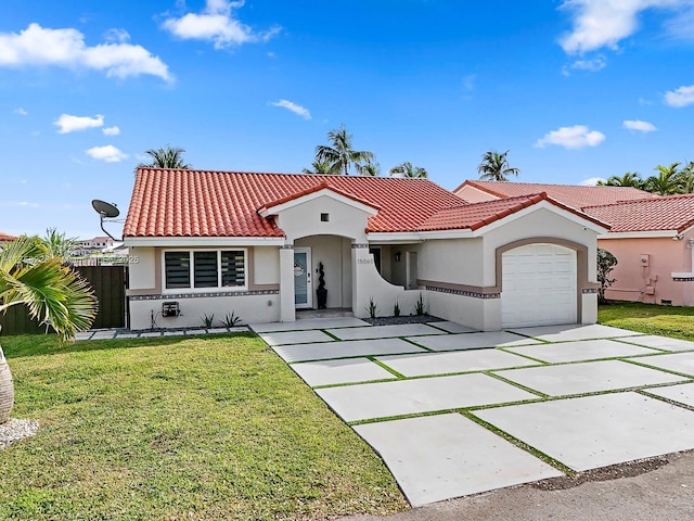 mediterranean / spanish house featuring driveway, an attached garage, stucco siding, a front lawn, and a tile roof