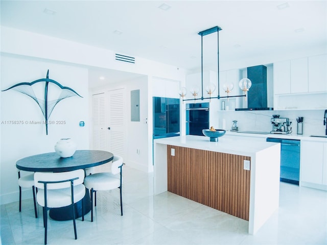 kitchen featuring double oven, modern cabinets, electric panel, dishwasher, and exhaust hood