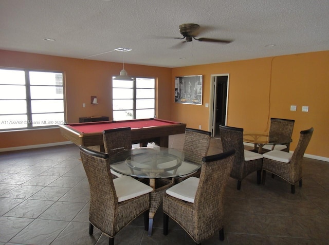 rec room with a healthy amount of sunlight, baseboards, a textured ceiling, and pool table