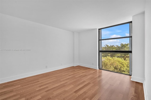 spare room featuring light wood-type flooring, floor to ceiling windows, and baseboards