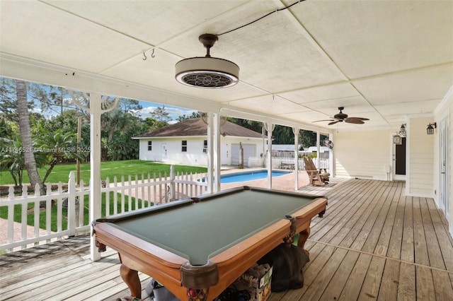 game room featuring a wealth of natural light, pool table, hardwood / wood-style floors, and a ceiling fan