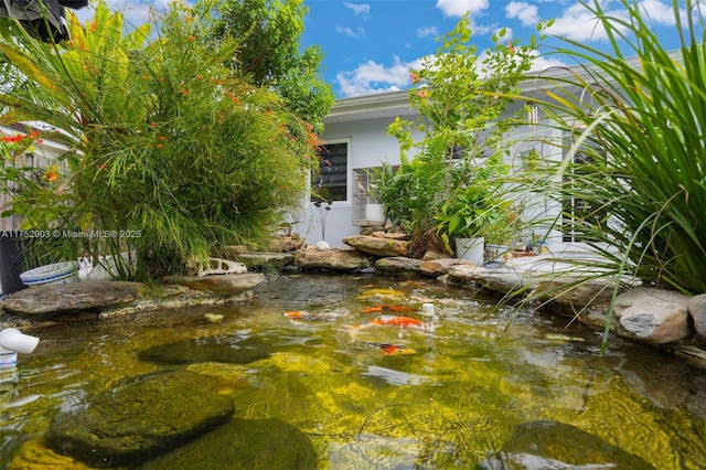 view of yard featuring a small pond