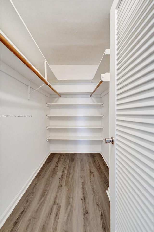 walk in closet with wood finished floors