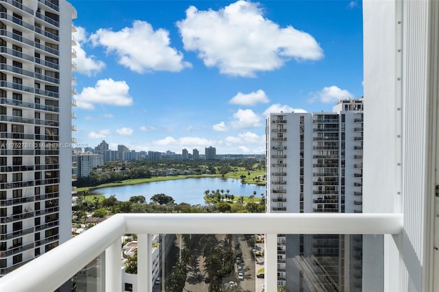 view of water feature with a city view