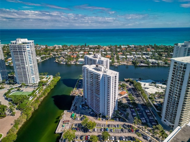 bird's eye view featuring a water view and a city view