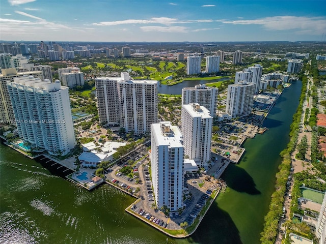 aerial view featuring a water view and a city view