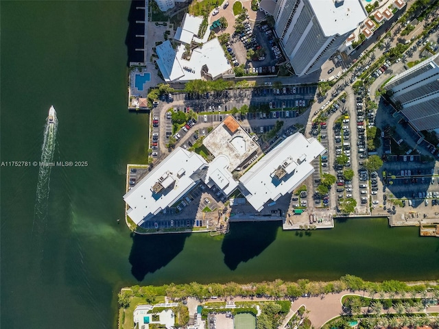 aerial view featuring a water view